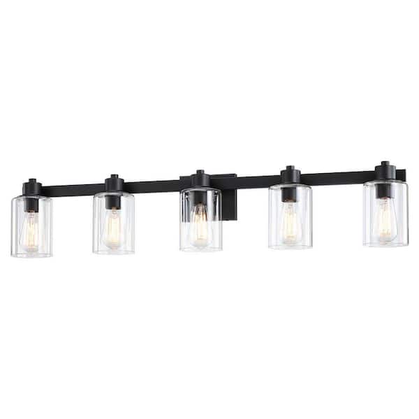 41 in. 5 Light Matte Black Vanity Light with Clear Glass Shades