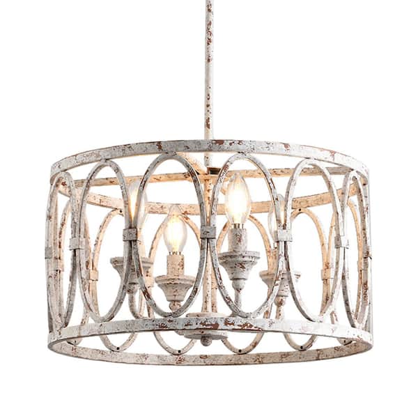 Sefinn Four Farmhouse 4-Light Rustic White Dimmable Drum Chandelier for Kitchen Island and Living Room Bulbs Not Included