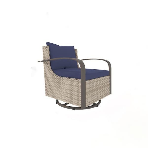 Wicker Outdoor Rocking Chair Patio Swivel Chair with Blue Cushions (Set of 2)
