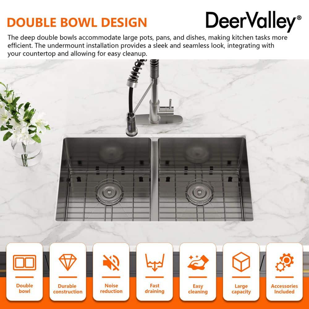 DeerValley 33'' Stainless Steel Double Bowl Undermount Kitchen Sink