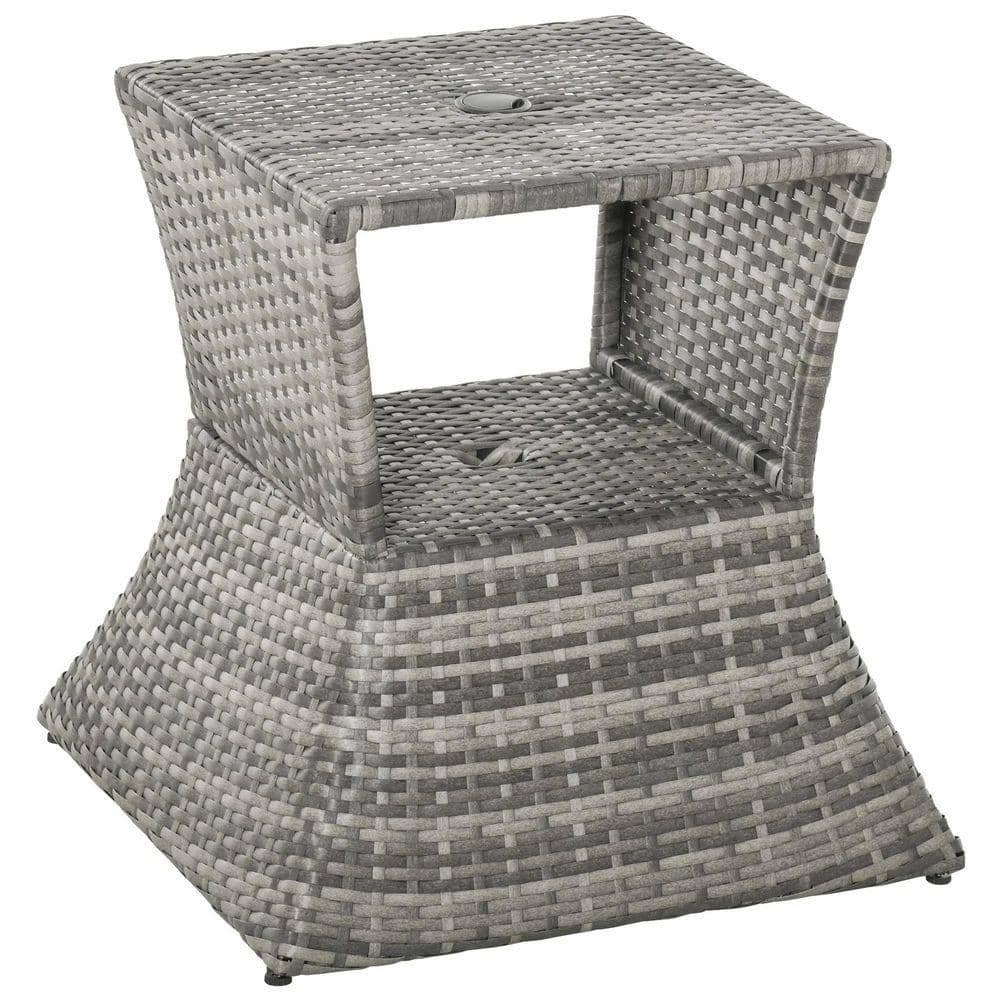 Rattan Side Table with Umbrella Hole & Storage Shelf-2-Tier Outdoor Patio Table, Gray, for Pool, Backyard & Garden. price history on PriceWatchPro