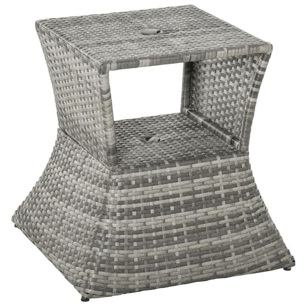 Rattan Side Table with Umbrella Hole & Storage Shelf-2-Tier Outdoor Patio Table, Gray, for Pool, Backyard & Garden.