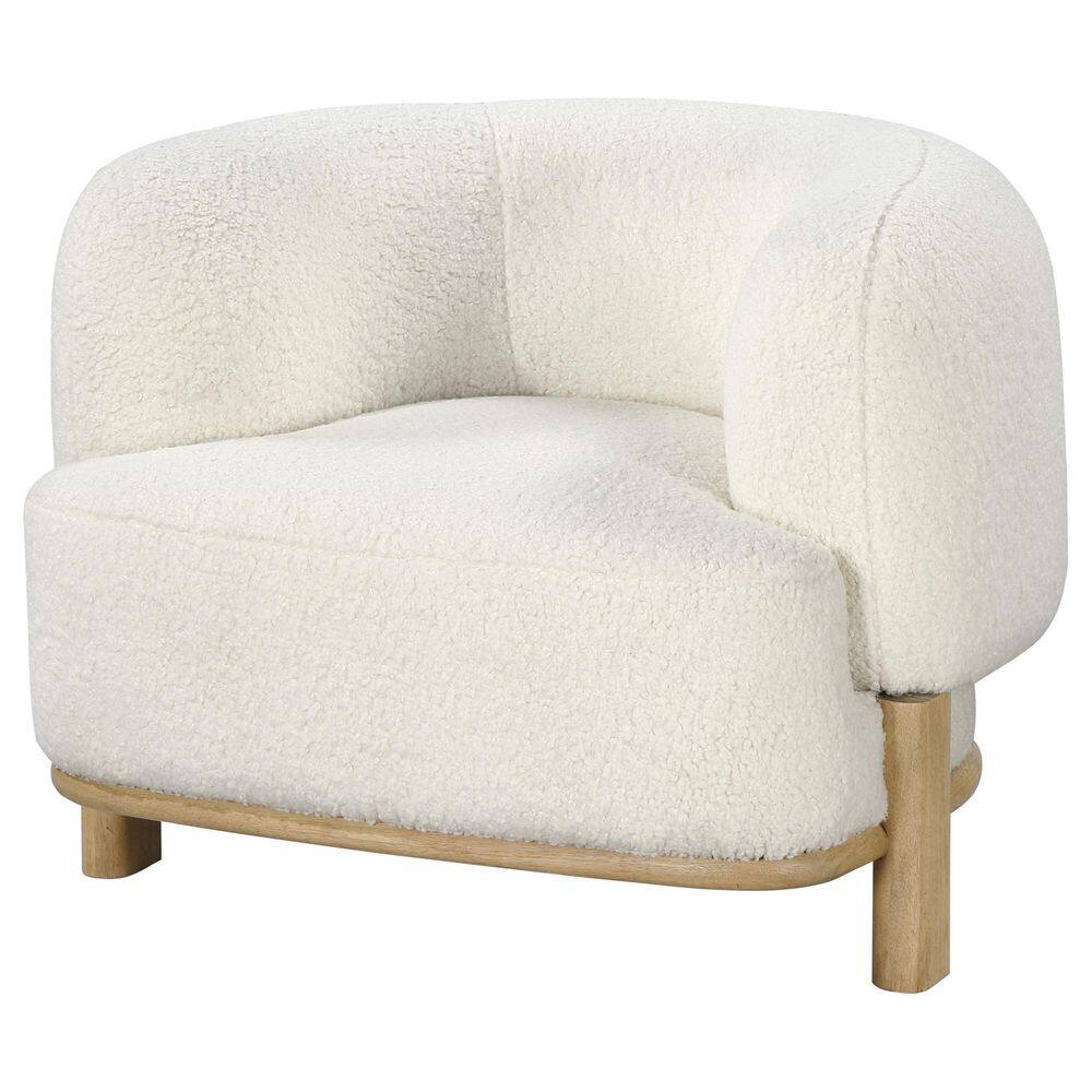 Ivory Boucle Upholstered Barrel Accent Chair with Wooden Legs