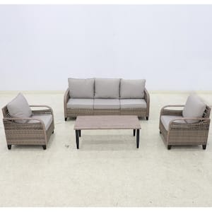 4-Piece Brown Wicker Outdoor Patio Conversation Set 3-Seat Sofa, Lounge Chairs with Gray Cushions and Coffee Table