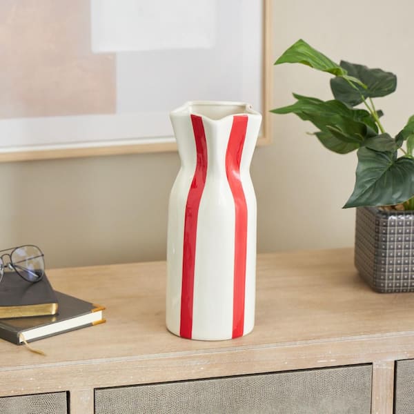 12 in. White Round Ceramic Decorative Vase with Red Vertical Stripes