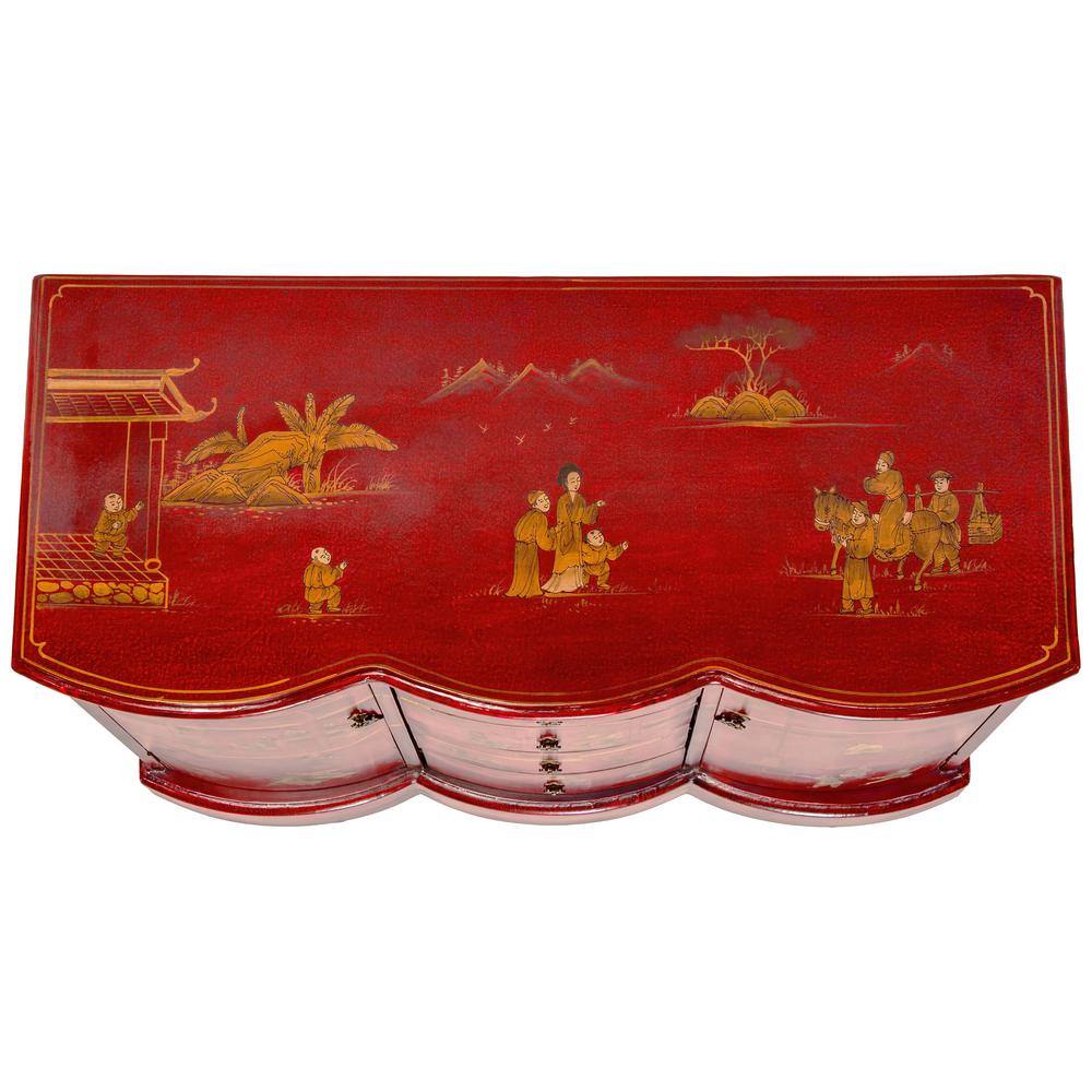 Hand-Painted Red and Gold Lacquer Wood Accent Cabinet