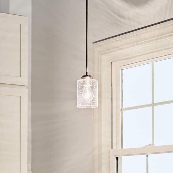 Winslow 1-Light Brushed Nickel Contemporary Kitchen Mini Pendant Hanging Light with Clear Seeded Glass