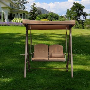Beige 2-Seat Outdoor Steel Patio Porch Swing Chair with Adjustable Tilt Canopy, Removable Cushions and Pillow