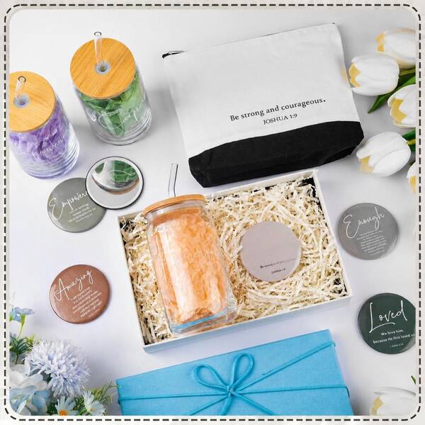 Christian Women Gift Set of 6, Glass Tumblers with Lids and Straws, Cosmetic Bags and Compact Mirrors ZPKGU49Q