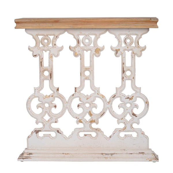 Benjara 32 in. Brown and White Rectangle Wood Top Console Table with Scrollwork