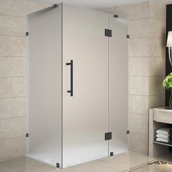 Aston Avalux 46 in. x 32 in. x 72 in. Rectangular Pivot Frameless Corner Shower Enclosure in Matte Black with Frosted Glass