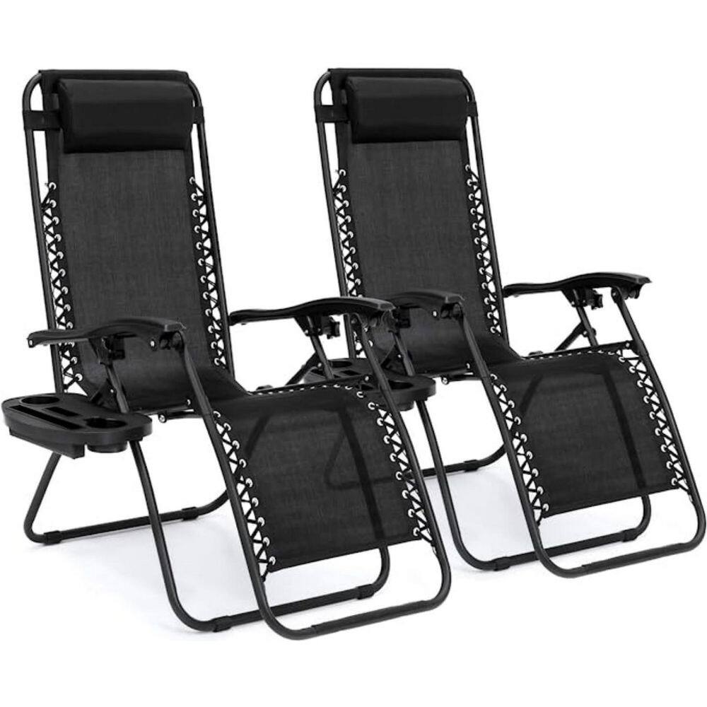 Set of 2 Black Steel Mesh Zero Gravity Recliners with Cup Holder