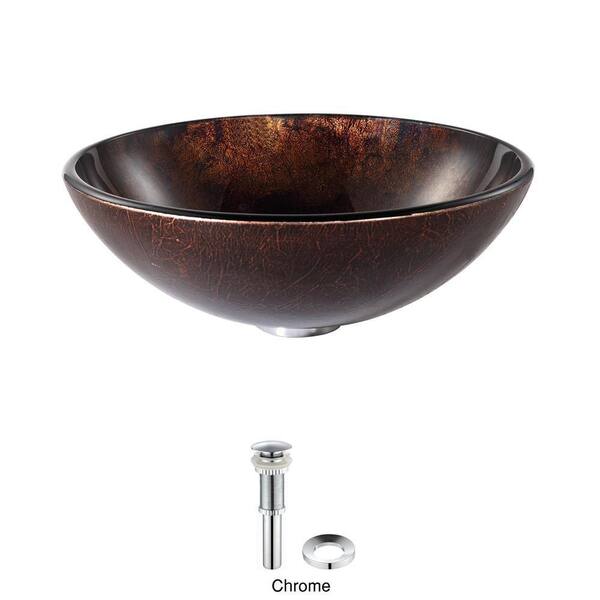 KRAUS Jupiter Glass Vessel Sink in Brown with Pop-Up Drain and Mounting Ring in Chrome