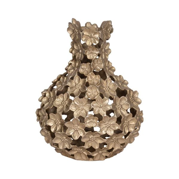 Liv & Skye 15 in. Gold Metal Round Cut-Out Decorative Vase