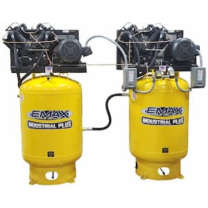 120 Gal. Two 10HP 1ph Vertical Solo Mounted Alternating Silent Air Compressors with Pressure Lube Pump