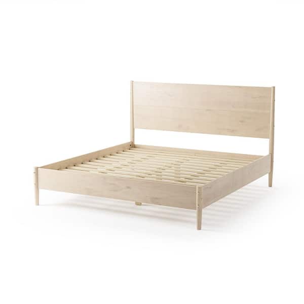 Mid Century Light Oak Beige Wood Frame King Platform Bed