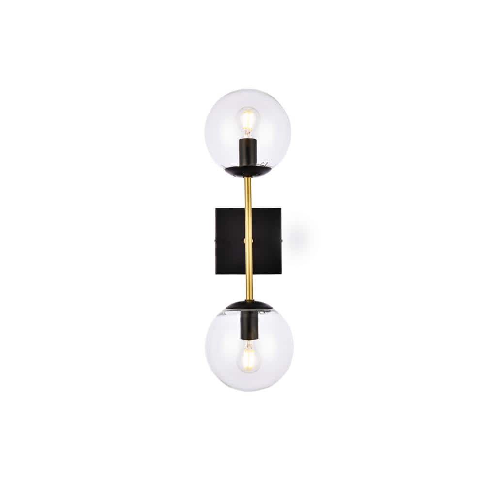 Home Living 5.9 in. 2-Light Black and Brass Vanity Light with Glass Shade
