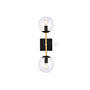 Home Living 5.9 in. 2-Light Black and Brass Vanity Light with Glass Shade