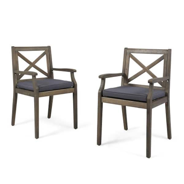 Acacia Wood Outdoor Dining Chair with Water-Resistant Grey Cushions for Patio and Garden (2-Pack)
