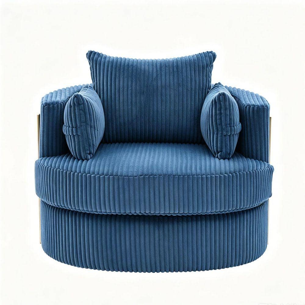 Modern Navy Corduroy 360°  Swivel Metal Frame Round Barrel Chair With Hidden Storage Space And Pillows