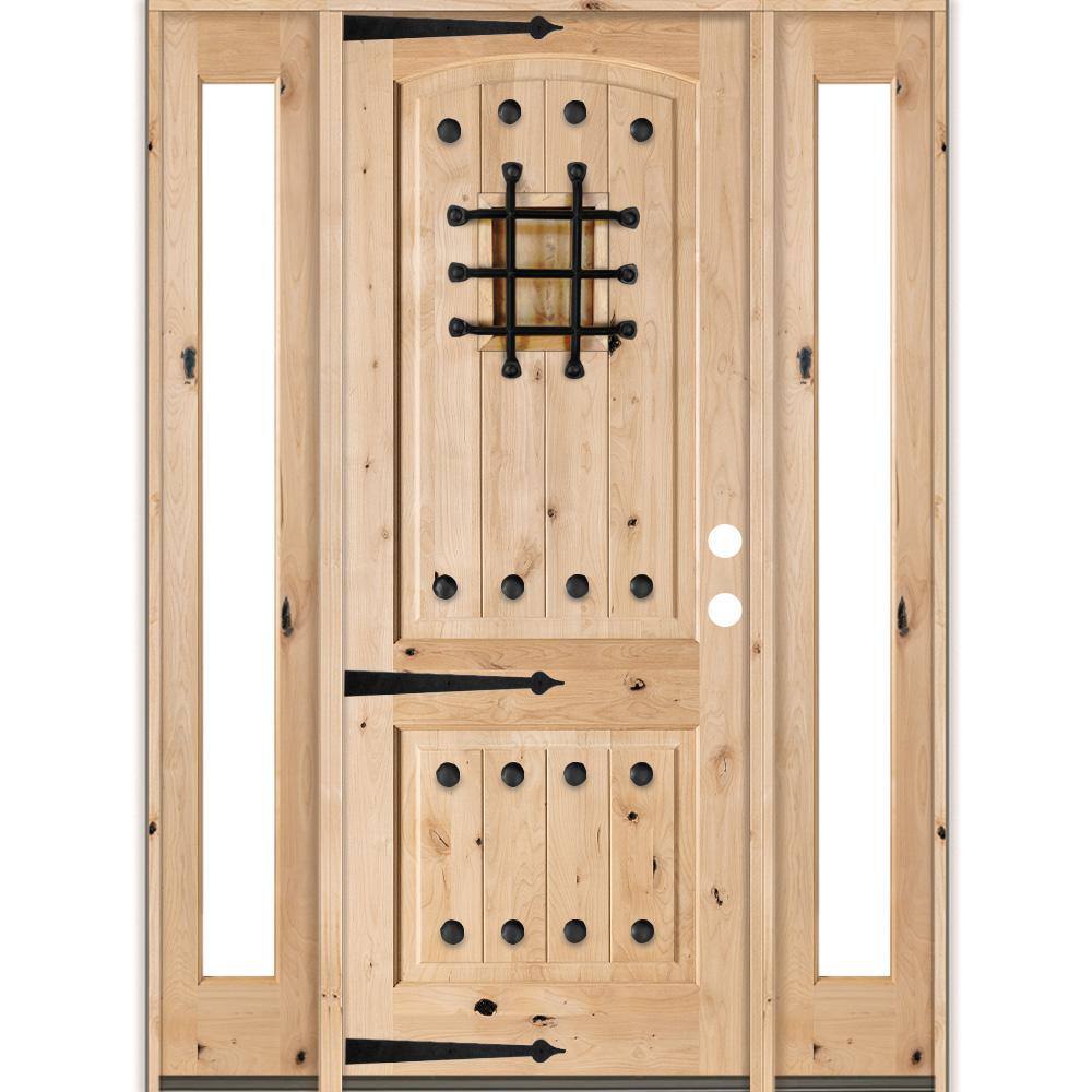 76 in. x 96 in. Mediterranean Knotty Alder Arch Unfinished Left-Hand Inswing Prehung Front Door with Full Sidelites price history on PriceWatchPro