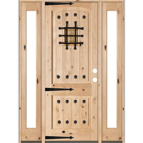 Krosswood Doors 76 in. x 96 in. Mediterranean Knotty Alder Arch Unfinished Left-Hand Inswing Prehung Front Door with Full Sidelites
