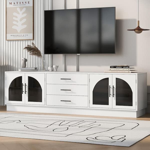 Harper & Bright Designs White Modern Minimalist TV Stand Fits TVs up to 75 in. with 3 Drawers, 2 Cabinets and Adjustable Shelves