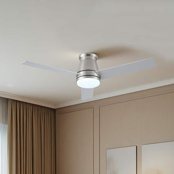 48 in. Integrated LED Indoor Flush Mount Brushed Nicke Standard Ceiling Fan with Dimmable Light and Remote 6-Speed