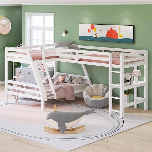 Qualler White L-Shaped Twin Over Full Bunk Bed and Twin Loft Bed with Built-in Desk