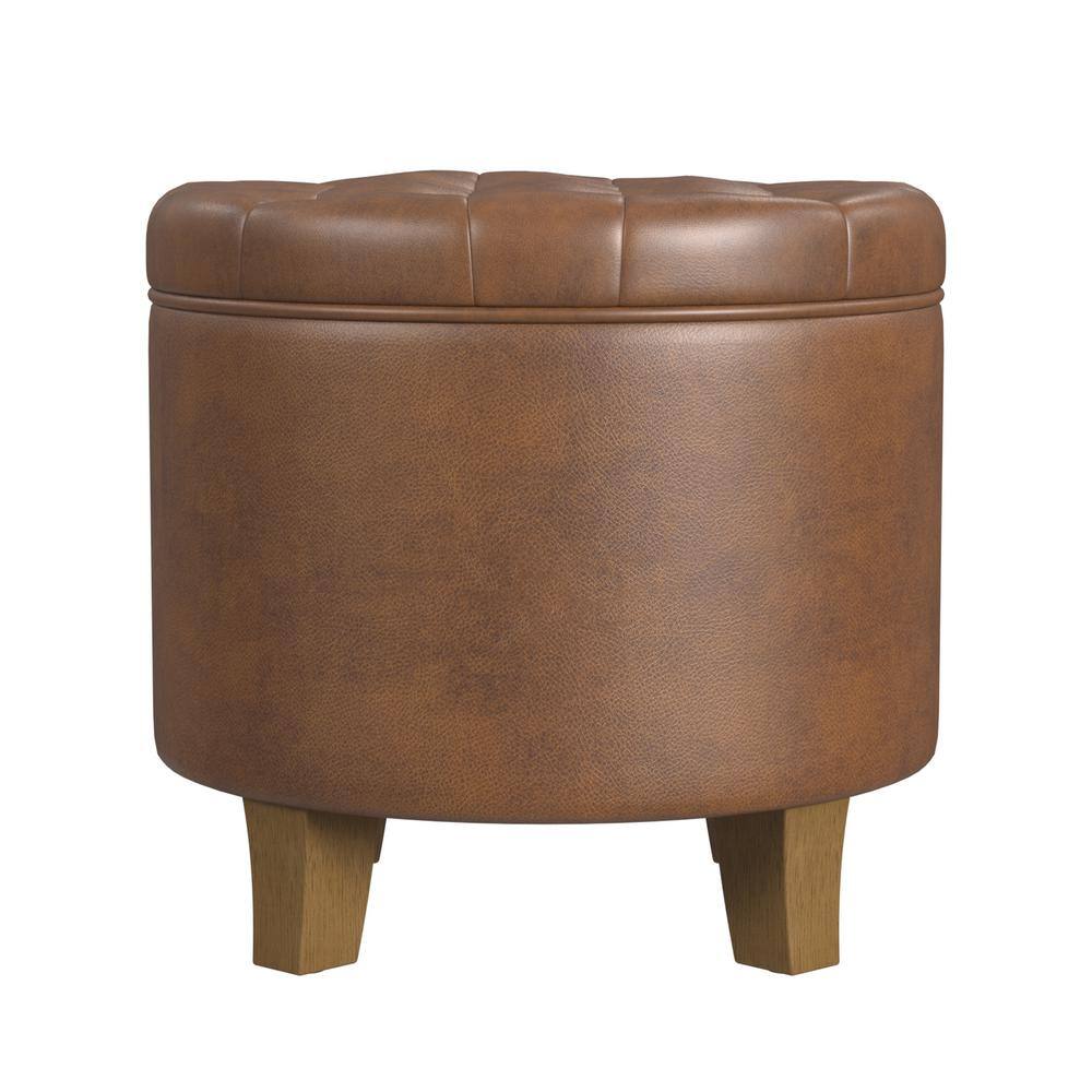 Brown Faux Leather Round Ottoman with Storage