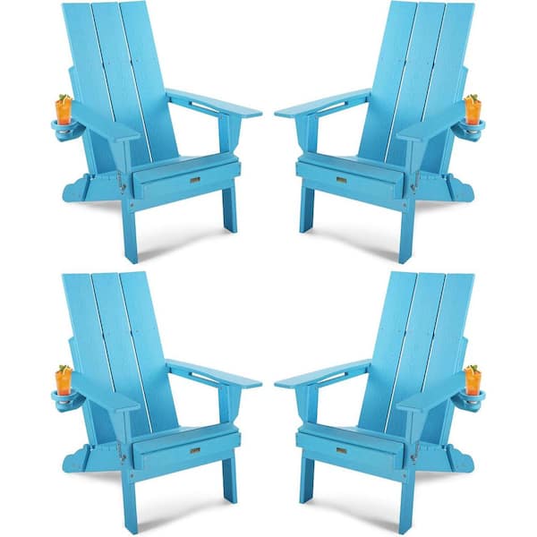 Mximu Oversized Blue HDPE Outdoor Plastic Folding Adirondack Chair with Cup Holder (Set of 4)