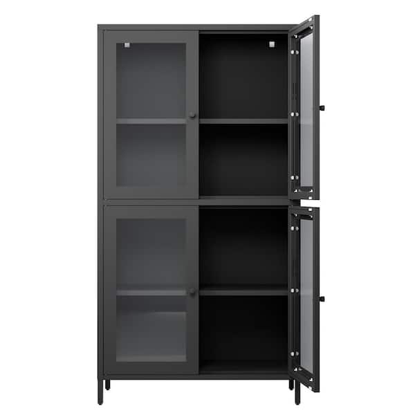 Tahanbath Black Classic Metal Cabinet with 4 Glass Doors and Tempered Glass Shelves: Elegant Storage for Home or Living Room