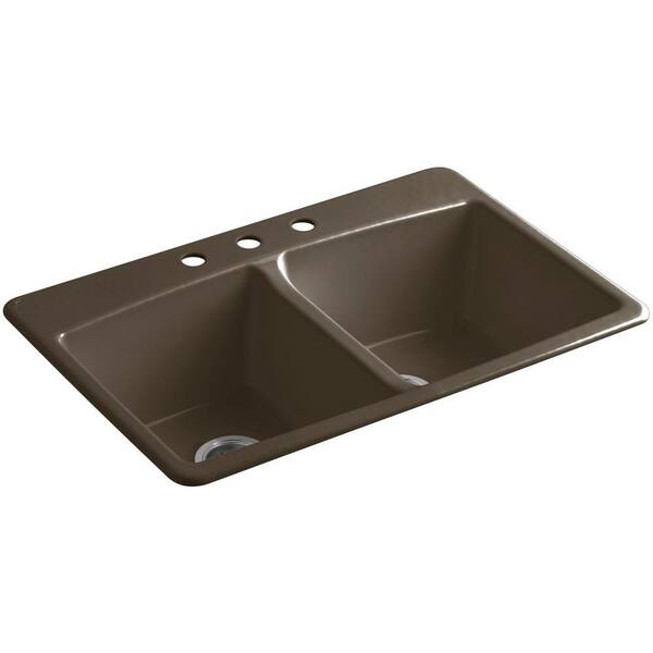 KOHLER Brookfield Drop-In Cast-Iron 33 in. 3-Hole Double Bowl Kitchen Sink in Suede