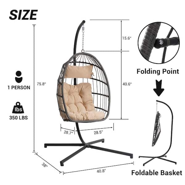 Runesay Patio Wicker Swing Outdoor Rattan Egg Swing Chair Hanging Chair Khaik Cushion Water Resistant Cushion