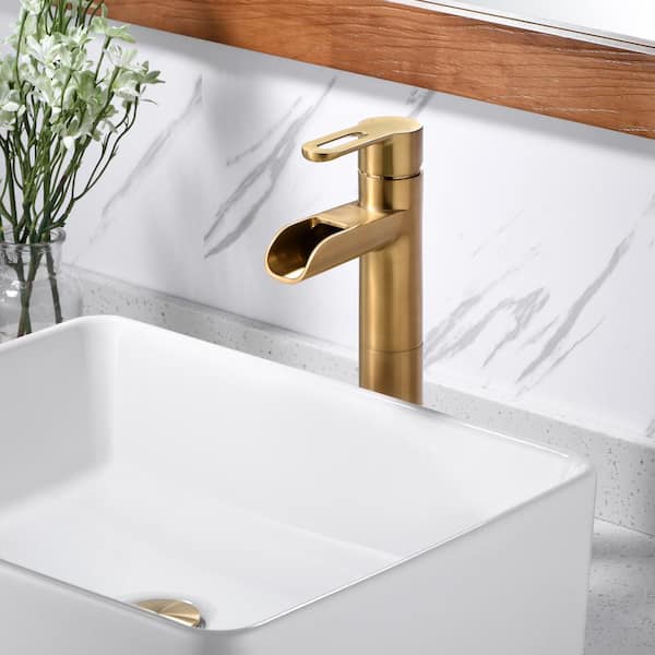 Waterfall Single Hole Single Handle Bathroom Vessel Sink Faucet with Drain in Brushed Gold