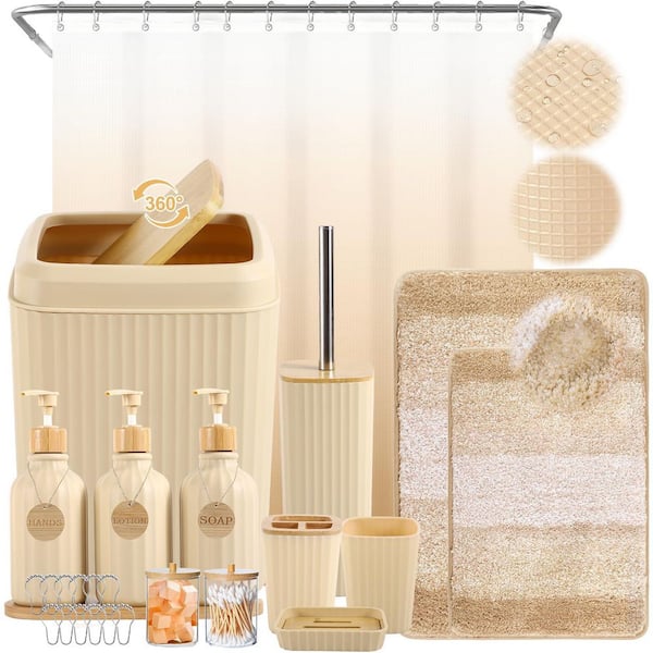 32-Piece Bathroom Sets with Shower Curtain and Rugs, Shower Curtain Set with Bathroom Trash Can, Beige