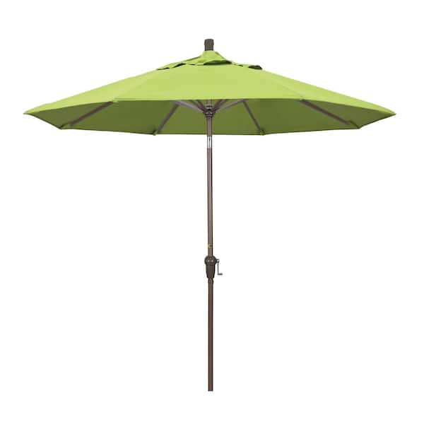 California Umbrella 9 ft. Champange Aluminum Market Auto-tilt Crank Lift Patio Umbrella in Parrot Sunbrella
