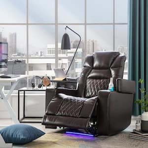 Brown PU Power Motion Recliner with USB Charging Port, Hidden Arm Storage, Cup Holders, and 360° Swivel Tray Table