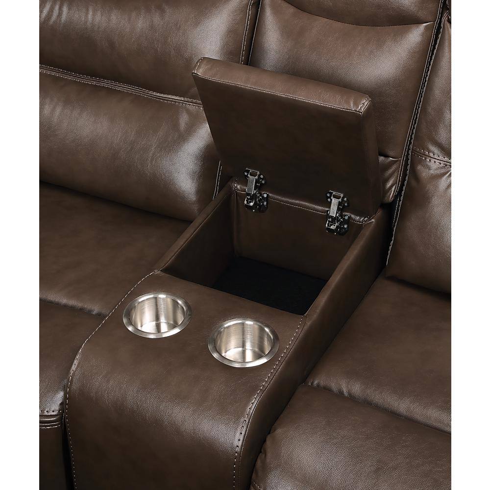 Aashi Brown Leather Tufted Reclining Loveseat with Storage Console