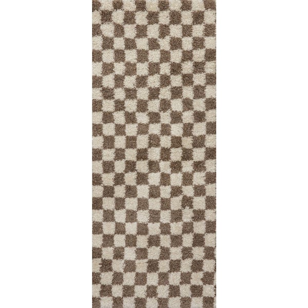 Adelaide Mid-Century Checkered Shag Area Rug Beige 2 ft. 8 in. x 8 ft. Runner Rug