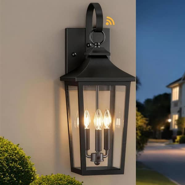 26.4 in. 3-Light Black Dusk to Dawn Modern Outdoor Exterior Hardwired Porch Wall Lantern Sconces Lights