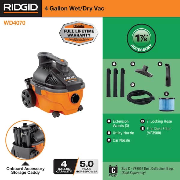 4 Gal. 5.0 Peak HP Portable Shop Vacuum Wet Dry Vac with Fine Dust Filter, Locking Hose and Attachments WD4070