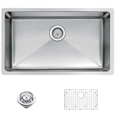 Undermount Small Radius Stainless Steel 30.in 0-Hole Single Bowl Kitchen Sink with Strainer and Grid in Satin Finish