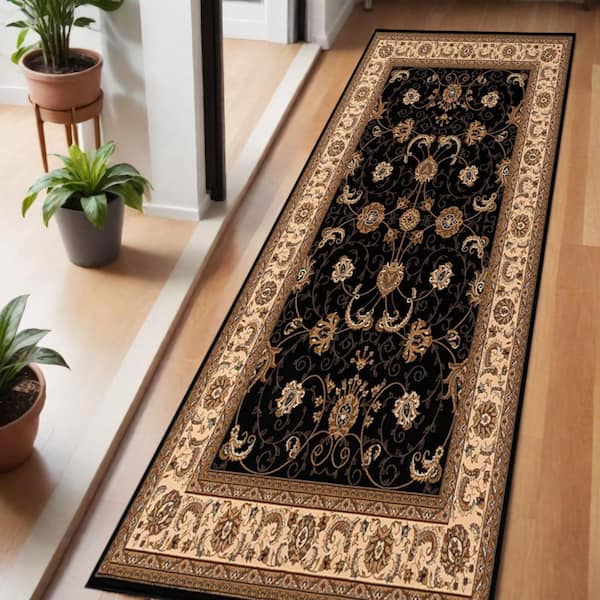 6 ft. Beige And Black Oriental Runner Rug