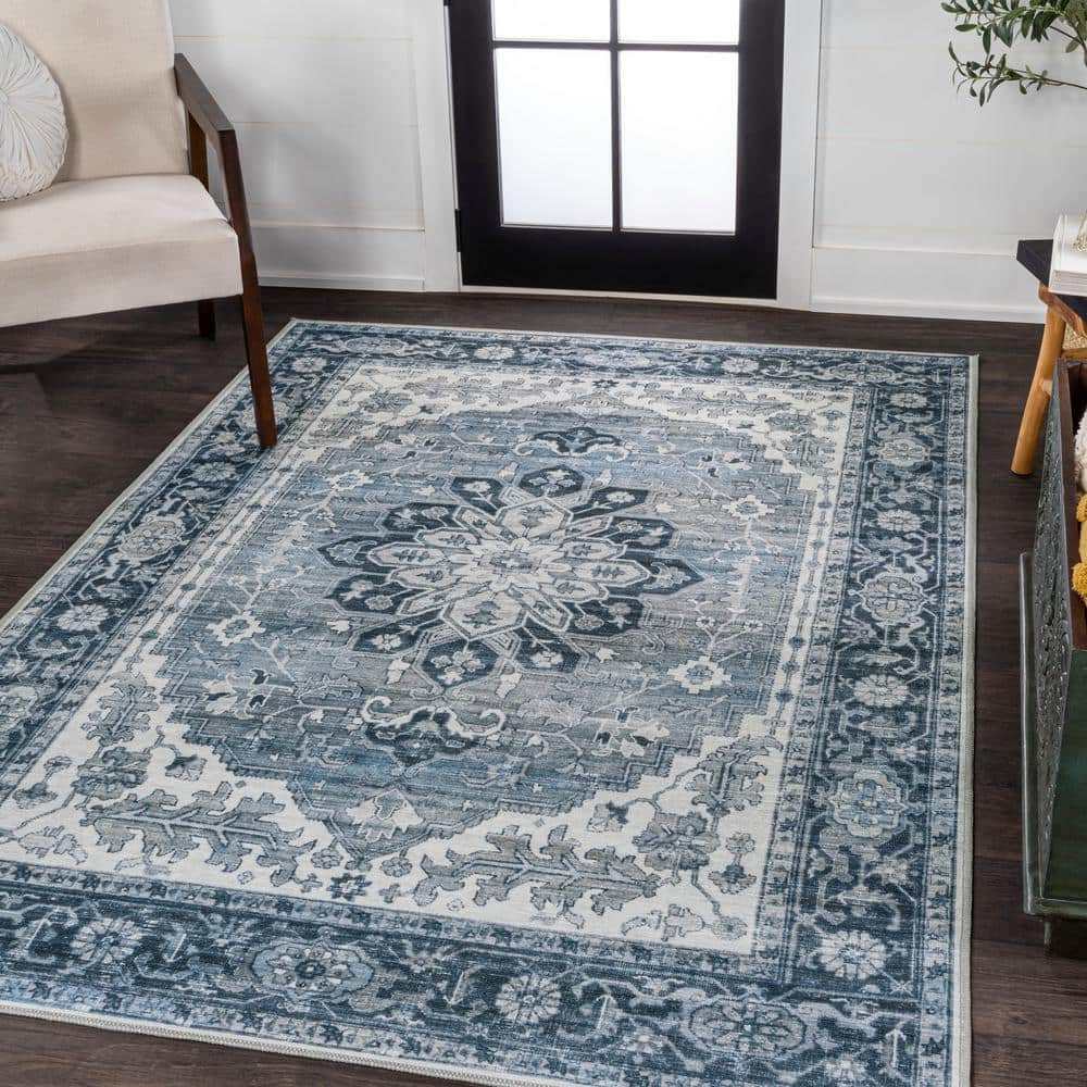 Blue and Cream Medallion Washable Synthetic Area Rug 8' x 10'