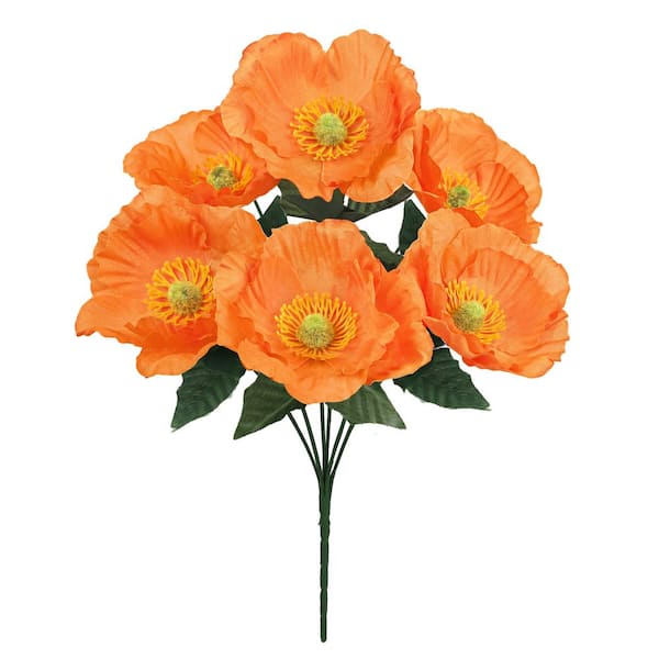 LIVING LUXURY 14 in. Orange Artificial Poppy Flower Stem Bush Bouquet (Set of 12)