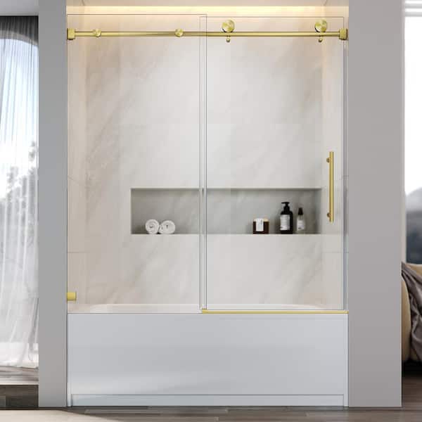 UKS03 60 in. W x 66 in. H Sliding Frameless Bathtub Door in Satin Brass with EnduroShield 5/16 in. SGCC Clear Glass