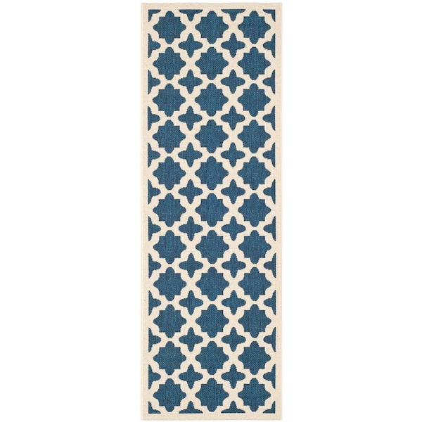 Courtyard Navy/Beige 2 ft. x 10 ft. Geometric Indoor/Outdoor Patio  Runner Rug