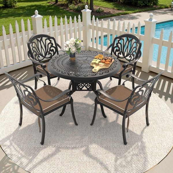 Elizabeth Black 5-Piece Cast Aluminum Outdoor Dining Set with Round Table, Dining Chairs and Brown Seat Cushion
