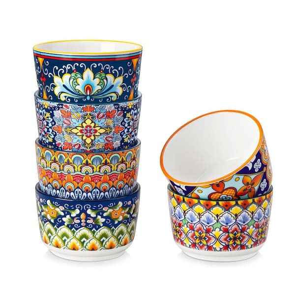 6-Piece 5 oz. Porcelain Cupcake Pan Set Bohemian Creme Brulee Ramekins Souffle Dishes Dipping Sauce Ice Cream Bowls